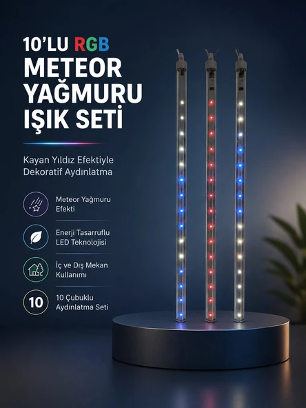 Dekoratif RGB LED Işık Çubuğu Seti 10 Adet Çubuk Kayan Yıldız Efektli ürün görseli 1