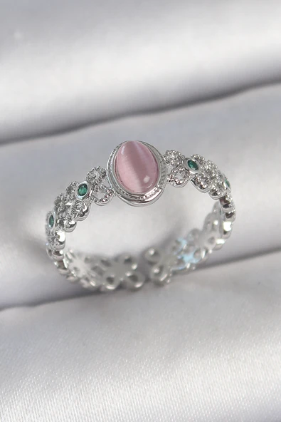 Pirinç Gümüş Renk Zirkon Taş Detaylı Pembe Mineli Damla Model Ayarlanabilir Kadın Yüzük 5886 ürün görseli 1
