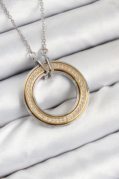 316L Çelik Zirkon Taşlı Dönen Daire Model Gold Ve Gümüş Renk Kadın Kolye 5886 ürün görseli 1