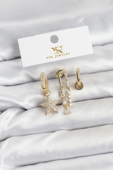 Pirinç Gold Renk Zirkon Taşlı Yıldız Vintage Model YSX Trio Küpe Seti 5886 ürün görseli 1