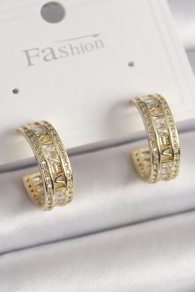 Pirinç Gold Renk Zirkon Taşlı İşleme Detay Halka Model Kadın Küpe 5886 ürün görseli 1
