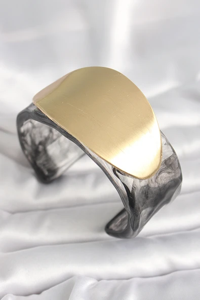 Siyah Mermer Desen Akrilik Plastik Gold Oval Plaka Model Vintage Kadın Bilezik 5886 ürün görseli 1