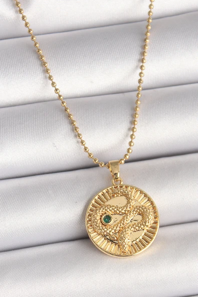 316L Çelik Gold Renk Topçuk Zincir Yılan İşlemeli Zirkon Taş Detaylı Madalyon Model Kadın Kolye 5886 ürün görseli 1