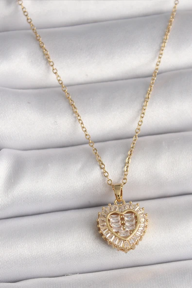 316L Çelik Gold Renk Zincir Zirkon Taşlı Kalp Model Kadın Kolye 5886 ürün görseli 1