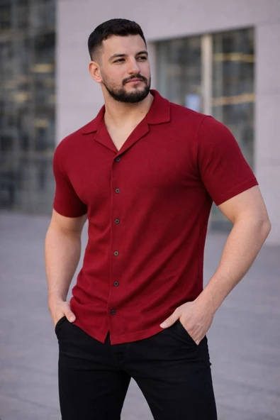 Erkek Waffle Kumaş Kısa Kollu Düğmeli Açık Yaka Regular Fit Gömlek - Kırmızı ürün görseli 1