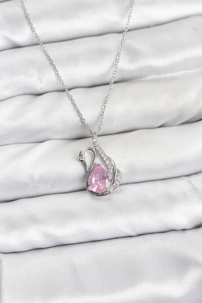 316L Çelik Zincir Gümüş Renk Pembe Kuğu Model Zirkon Taşlı Kadın Kolye 5886 ürün görseli 1