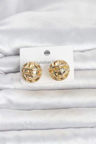 316L Çelik Gold Renk Desenli Top Model Kadın Küpe 5886 ürün görseli 1