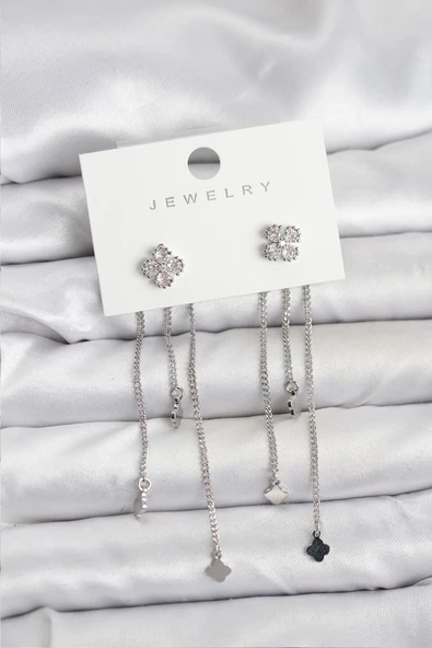 Pirinç Gümüş Renk Yonca Model Sallantılı Kadın Küpe 5886 ürün görseli 1