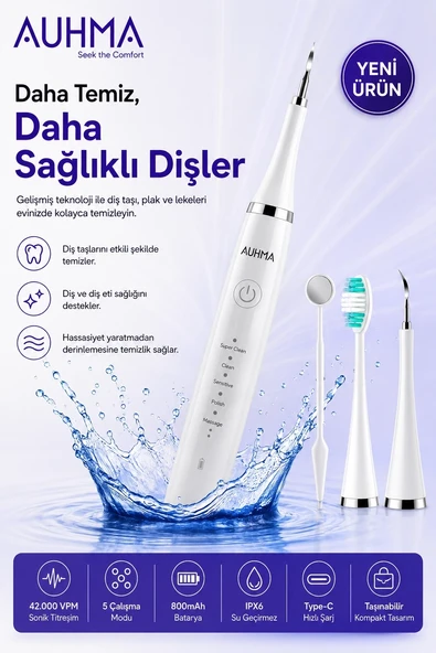 Ultrasonic Şarjlı Elektrikli Akıllı Diş Temizleme Cihazı Beyazlatıcı 5 Mod 3+1 Başlık, Ipx8 Su Geçirmez Beyaz ürün görseli 1