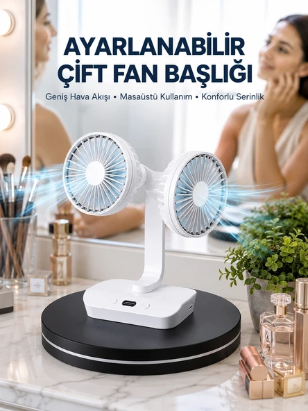 Ayarlanabilir Hızlı Çift Başlıklı Masaüstü Fan - Gece Lambalı Serinletici ürün görseli 1