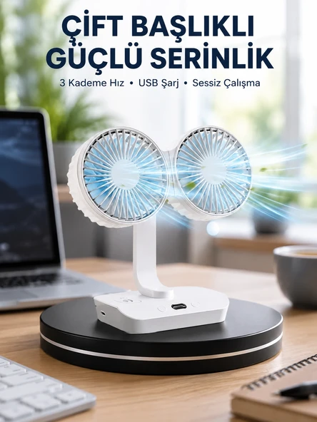 Sessiz Çalışan USB Şarjlı Çift Kafalı Masaüstü Fan - Ev ve Ofis İçin ürün görseli 1