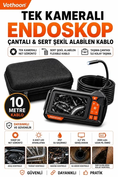 Ekranlı Tek Kameralı 10 Mt Sert Kablo Yılan Endoskop Kamera 8 Mm 4.3 Inc ürün görseli 1