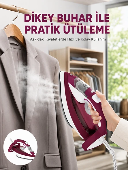 Yeni Nesil Kırmızı Buharlı Ütü 2200 Watt Seramik Tabanlı Yüksek Buhar Gücü ürün görseli 1