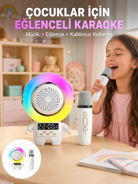 Renkli Işıklı Astronot Mini Bluetooth Speaker Ve Karaoke Mikrofon ürün görseli 1