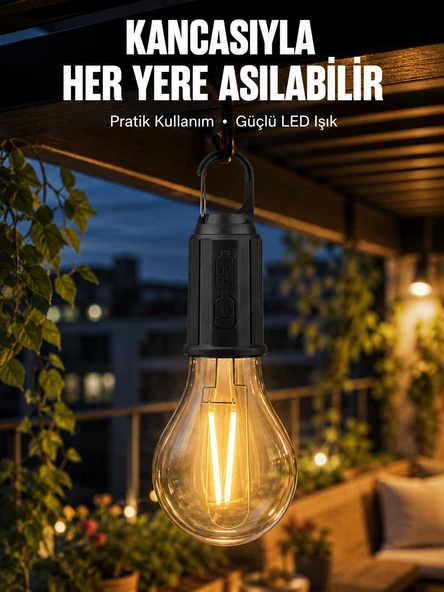 Taşınabilir Şarjlı Led Ampul Askılı Lamba Kamp Bahçe Lambası ürün görseli 1