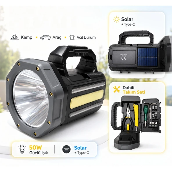 Gold Police GP620 Solar Şarjlı 50 Watt Güçlü Kamp El Feneri Takım Çantalı ürün görseli 1