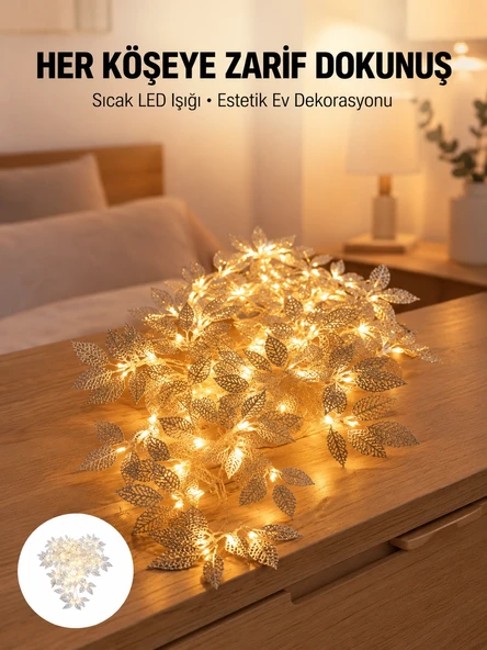 Yaprak Şekilli Gümüş Led Işık Pilli Dekoratif Aydınlatma ürün görseli 1
