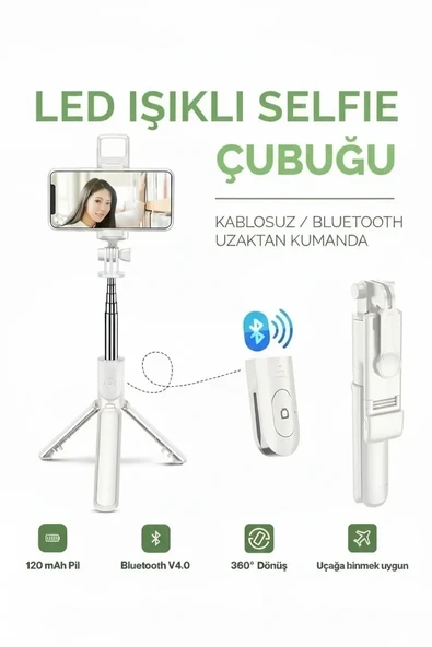 Led Işıklı Selfie Çubuğu Bluetooth Kumandalı Kablosuz Tripot Selfie Monopod Selfie Stick (Beyaz) ürün görseli 1