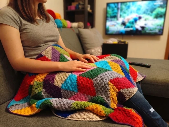 El Örgüsü Çok Renkli Geometrik Desenli Diz Battaniyesi (95 X 95) ürün görseli 1
