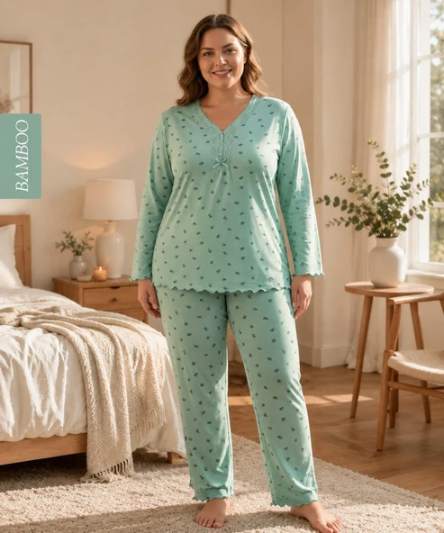 Derya Kadın Büyük Beden Dantel Yaka Bambu Uzun Kol İnce Pijama Takımı 8141Y - 1 Adet  Yeşil 2XL ürün görseli 1