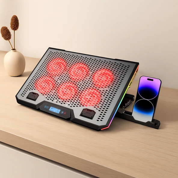 15.6\" Laptop Soğutucu - 6 Fan, Rgb, Lcd Dijital Kontrol, 2 Usb ürün görseli 1