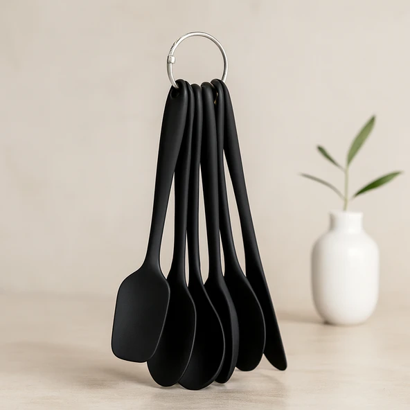 6 Parça Siyah Silikon Mutfak Seti (2 Kaşık, 3 Spatula, Yumurta Fırça) ürün görseli 1