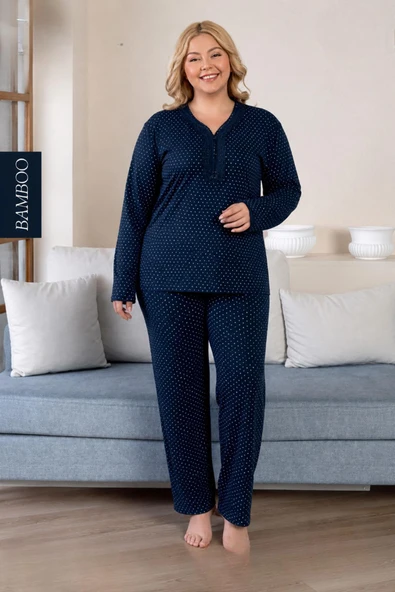 Derya Kadın Büyük Beden Dantel Yaka Bambu Uzun Kol İnce Pijama Takımı 8105L - 1 Adet  Lacivert 2XL ürün görseli 1