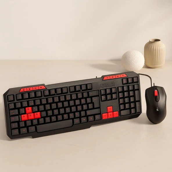 Usb Kablolu Klavye Mouse Set - Kırmızı Tuşlu Q Klavye 1600 Dpi ürün görseli 1
