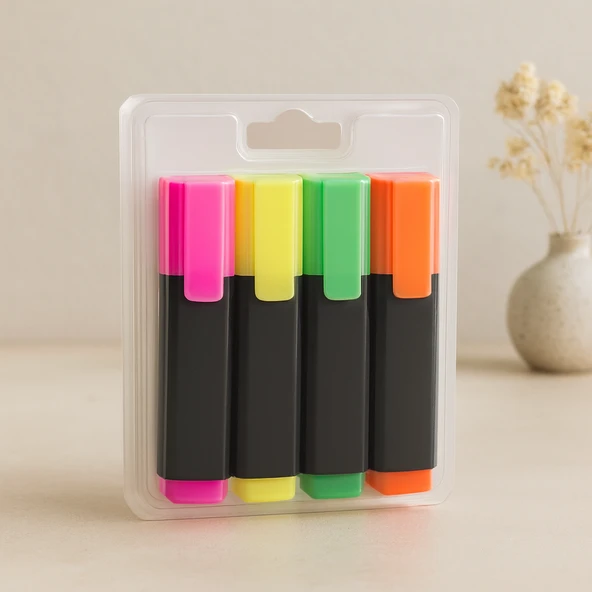 Fosforlu Kalem 4'Lü Set (Turuncu, Yeşil, Sarı, Pembe) ürün görseli 1