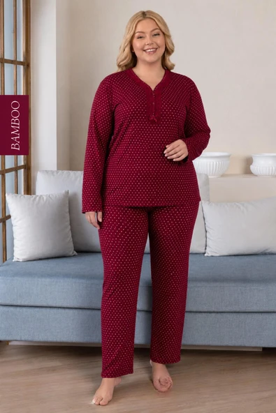 Derya Kadın Büyük Beden Dantel Yaka Bambu Uzun Kol İnce Pijama Takımı 8110B - 1 Adet  Bordo 3XL ürün görseli 1