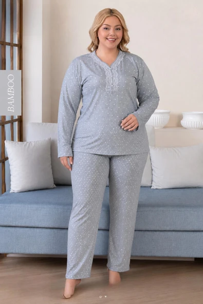 Derya Kadın Büyük Beden Dantel Yaka Bambu Uzun Kol İnce Pijama Takımı 8116G - 1 Adet  Gri 2XL ürün görseli 1