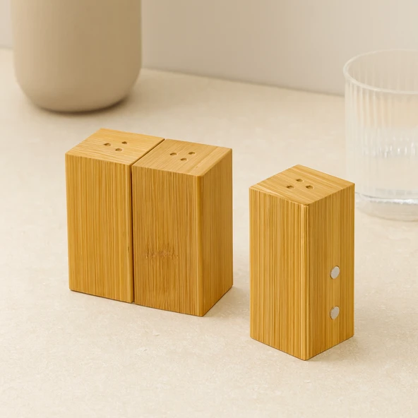 Ahşap Bambu Mıknatıslı 2'Li Baharatlık & Tuzluk (4.5×5×9 Cm) ürün görseli 1
