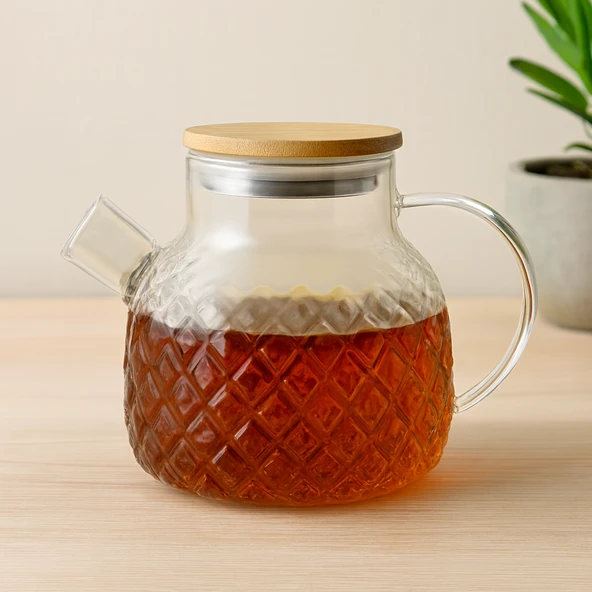 Cam Demlik 1000 Ml - Kabartma Desenli, Bambu Dış Yüzey, Metal İç ürün görseli 1