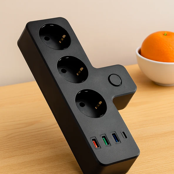 Termal Korumalı Duvar Prizi - 3Xpriz 3Xusb 1Xtype-C (Siyah) ürün görseli 1