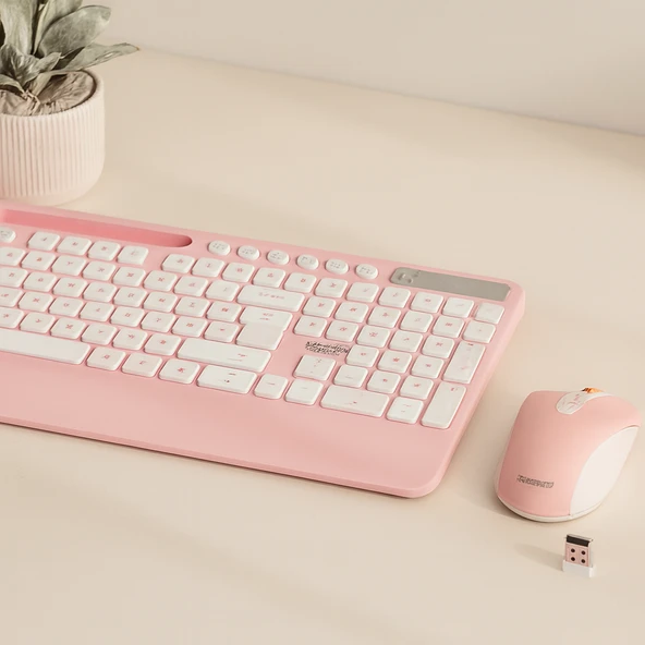 Kablosuz Klavye Mouse Seti - Telefon & Tablet Standlı (Beyaz/Pembe) ürün görseli 1