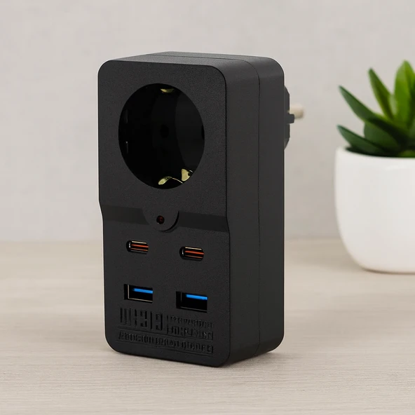 Termal Akım Korumalı Duvar Prizi - 1 Priz, 2Xusb, 2Xtype-C (10A/2500W) Siyah ürün görseli 1