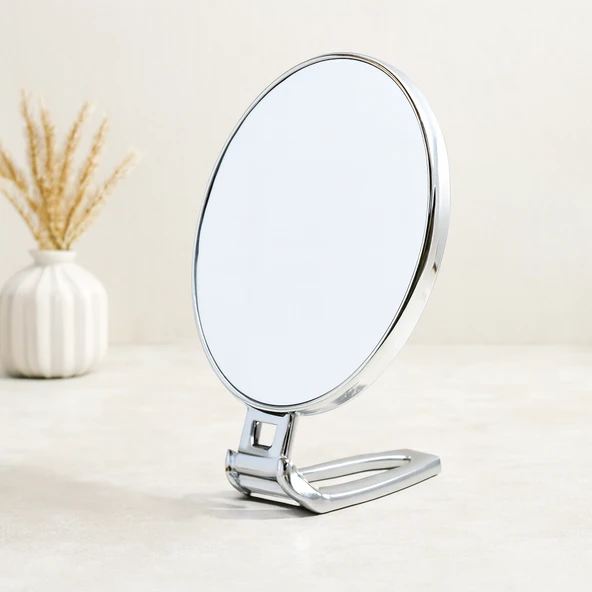 Oval Çift Taraflı Makyaj Aynası (16.5X13 Cm) Katlanır Ayaklı Gümüş ürün görseli 1