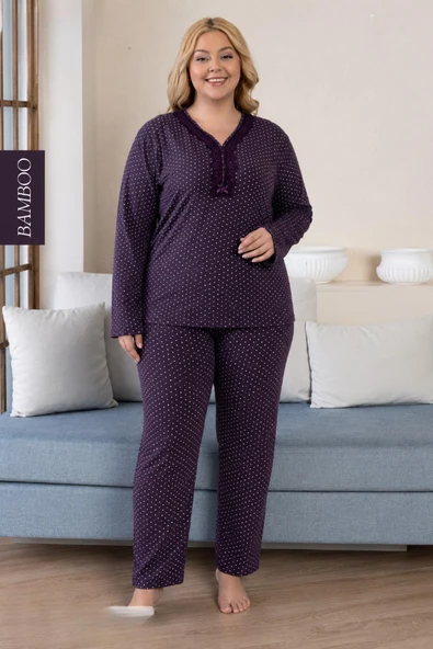 Derya Kadın Büyük Beden Dantel Yaka Bambu Uzun Kol İnce Pijama Takımı 8107M - 1 Adet  2XL Mürdüm ürün görseli 1