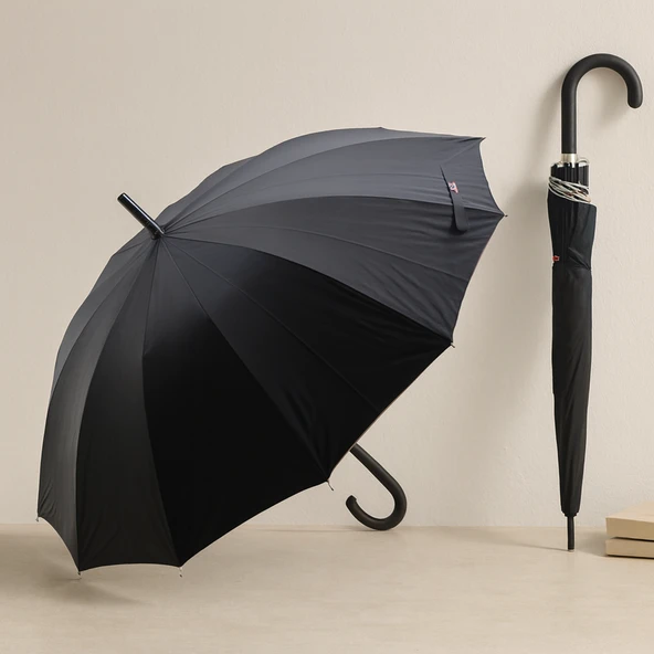 12 Telli Fiber Siyah Erkek Baston Şemsiye ürün görseli 1