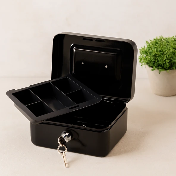 Anahtarlı Metal Para Kutusu 15X12X8 Cm - 6 Bölmeli Taşıma Kulplu ürün görseli 1