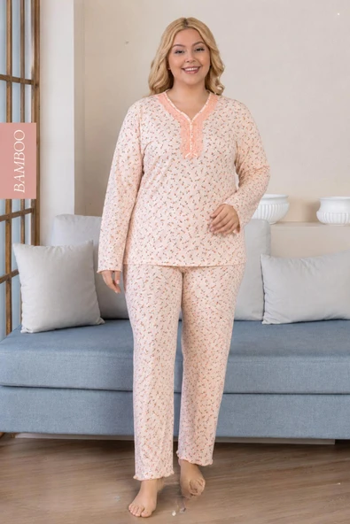 Derya Kadın Büyük Beden Dantel Yaka Bambu Uzun Kol İnce Pijama Takımı 8109P - 1 Adet  4XL Pudra ürün görseli 1