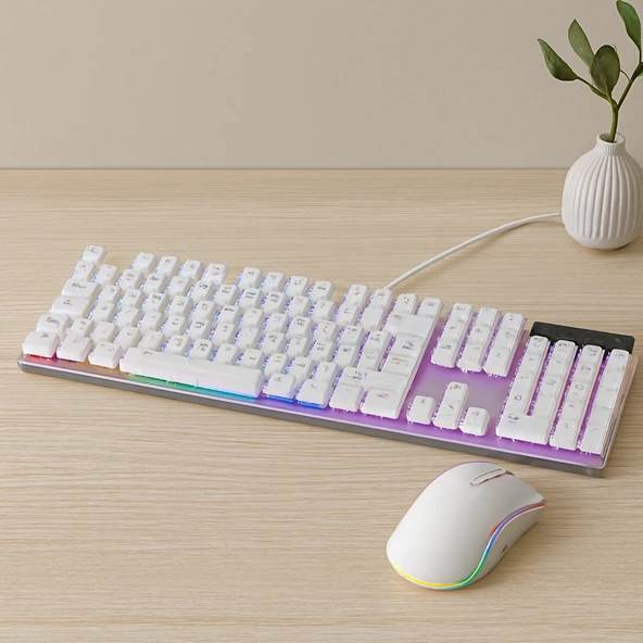 Usb Kablolu Klavye Ve Mouse Seti - Beyaz Rgb ürün görseli 1