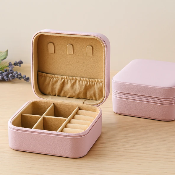 Mini Fermuarlı Takı Kutusu 10X10X5 Cm - Suni Deri, 4 Bölmeli ürün görseli 1