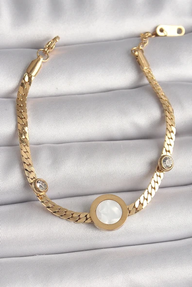 316L Çelik Gold Renk Yassı Zincir Model Zirkon Taş Detaylı Beyaz Mineli Madalyon Model Kadın Bileklik ürün görseli 1