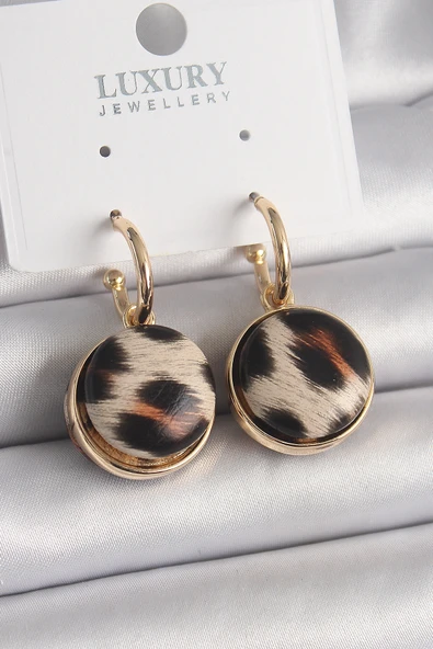 Pirinç Gold Renk Leopar Desenli Daire Model Kadın Küpe ürün görseli 1