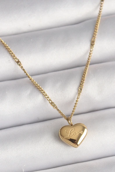 316L Çelik Gold Renk Zincir Love İşlemeli Figür Kadın Kolye ürün görseli 1