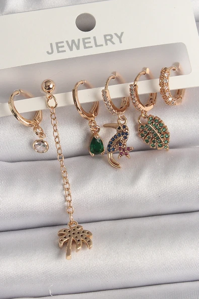 Pirinç Gold Renk Sallantı Zirkon Taşlı Ağaç Figür Kadın Küpe Seti ürün görseli 1