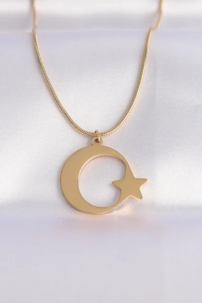 316L Çelik Zincir Gold Renk Ay Yıldız Unisex Kolye ürün görseli 1