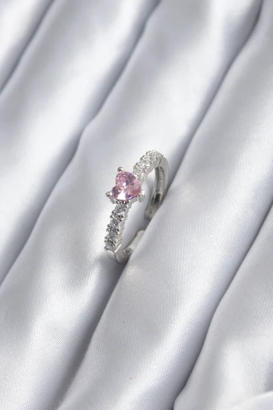 Gümüş Renk Zirkon Taşlı Pembe Kristal Model Kadın Yüzük ürün görseli 1