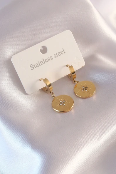Çelik Gold Renk Kutup Yıldızı İşleme Zirkon Taşlı Kadın Küpe ürün görseli 1